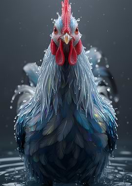 Detailed Rooster Portrait with Water Droplets