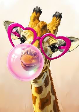 Giraffe with Bubblegum and Heart Glasses