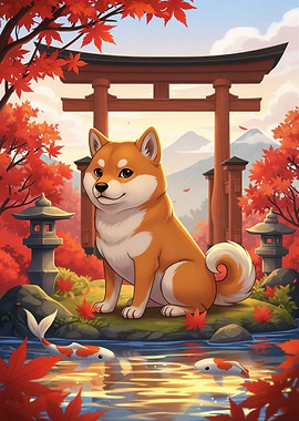 Shiba Inu in Japanese Autumn Garden