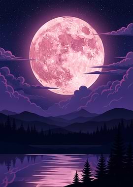 Pink Moon Over Forest Lake