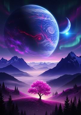 Planetary Landscape with Pink Tree
