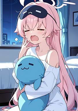 Sleepy Anime Girl with Plushie
