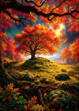 Autumnal Tree on Hill Landscape