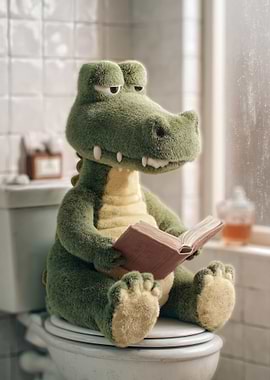 Crocodile Plush Reading on Toilet