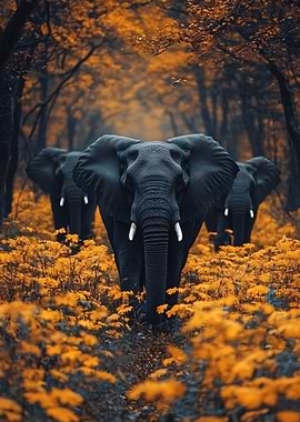 Elephants in Autumnal Forest