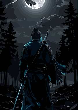 Samurai in Moonlight Forest