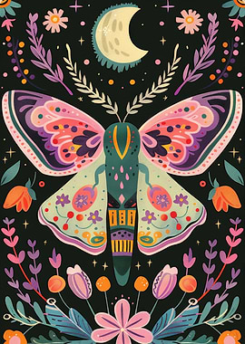 Floral Moth and Moon Illustration