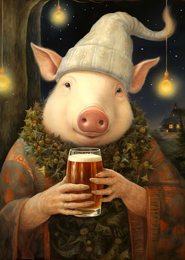 Pig with Beer in the Night