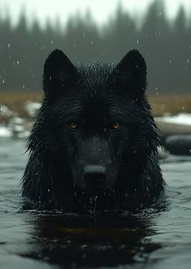 Black Wolf in Water