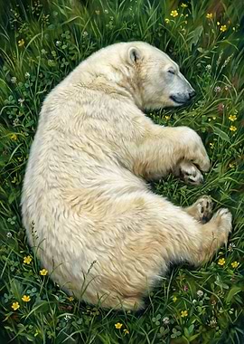 Sleeping Polar Bear in Meadow