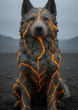 Stone Wolf with Lava Cracks