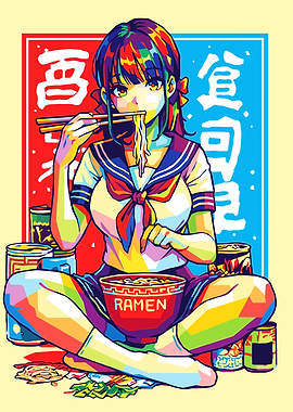 Anime Girl Eating Ramen Pop Art