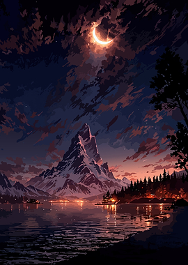 Mountain Lake at Night with Crescent Moon