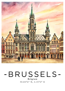 Brussels Belgium Watercolor Cityscape Art