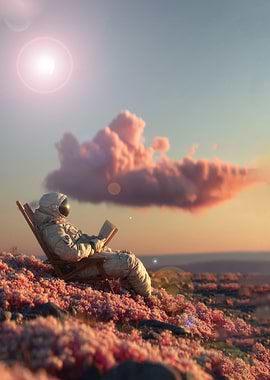 Astronaut Reading Book in Floral Field