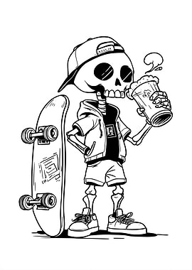 Skateboarder Skeleton Drinking Beer