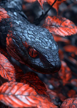 Snake with Red Eyes and Leaves