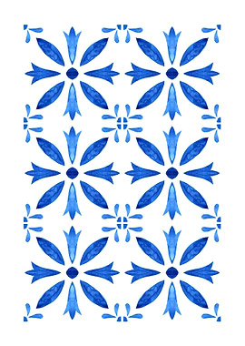 Blue Floral Watercolor Pattern on White
