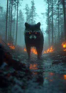 Raccoon with Glowing Eyes in Forest Fire