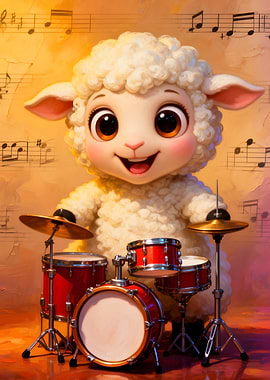 Cartoon Sheep Playing Drums