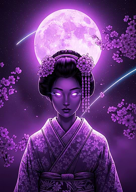 Purple Geisha with Moon and Cherry Blossoms