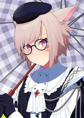 Anime Girl with Cat Ears and Umbrella