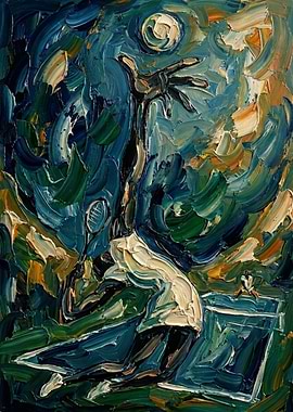 Impressionistic Tennis Player Reaching for Moon