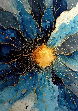Abstract Blue and Gold Floral Burst
