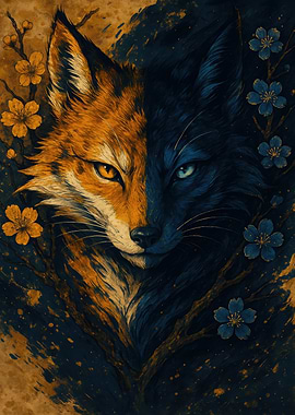 Fox with Dichromatic Fur and Flowers