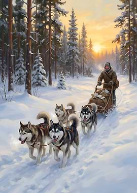 Dog sled team in winter landscape