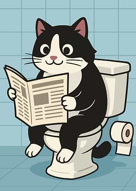 Cat reading newspaper on toilet