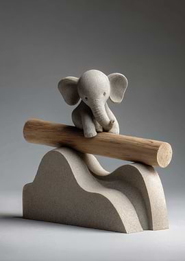 Elephant on a Wooden Beam Sculpture