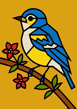 Picasso Style Cubist Blue Bird on Branch
