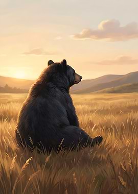 Contemplative Bear in Golden Field
