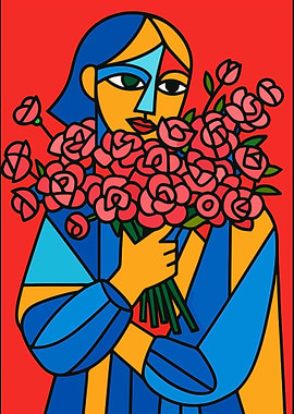 Picasso Style Cubist Woman with Pink Roses