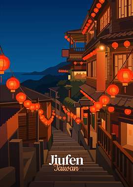 Jiufen Taiwan Street Scene Illustration