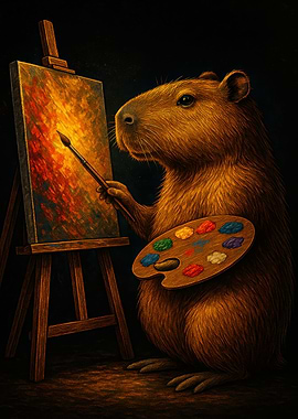 Capybara Artist Painting on Canvas