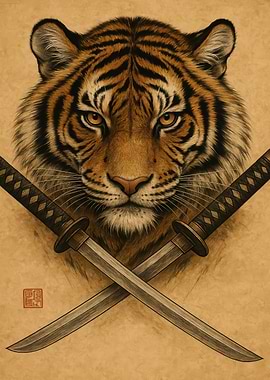 Tiger with Crossed Swords Illustration