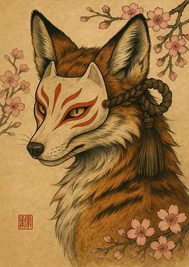Fox with Mask and Cherry Blossoms