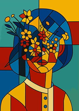 Picasso Style Cubist Abstract Face with Flowers