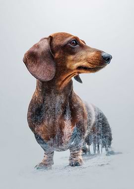 Dachshund and Winter Forest Double Exposure