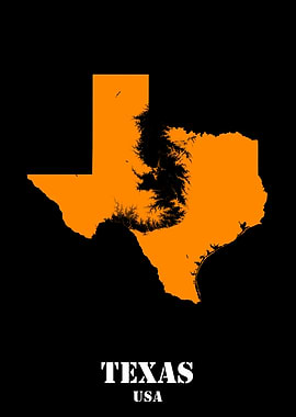 Texas USA State Minimalist Black Orange Topographic Contour Relief Map featuring terrain in orange color
