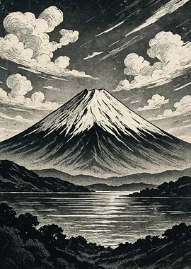 Mount Fuji Landscape Woodcut Style