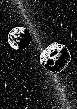 Monochrome Space Scene with Planet and Asteroid