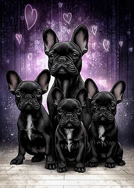 Black French Bulldogs with Hearts