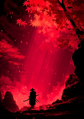 Silhouette of a Samurai in Red Forest