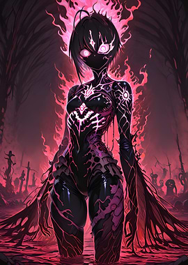 Eerie Anime Girl in Fiery Landscape