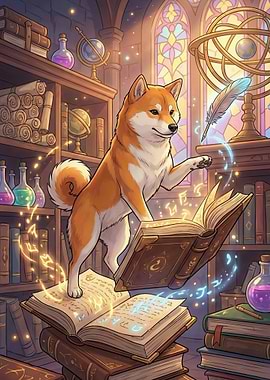 Shiba Inu Wizard in Library