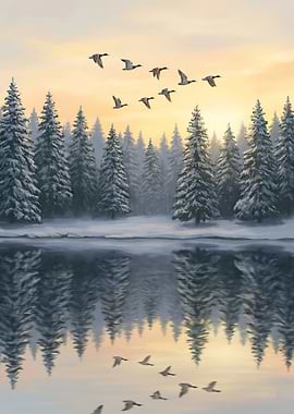 Winter Landscape with Flying Geese
