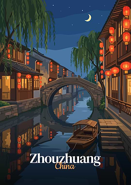 Zhouzhuang China Nightscape Illustration